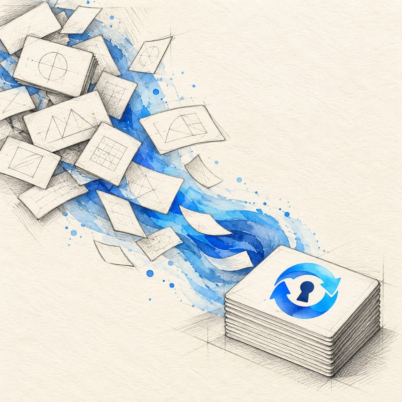 Scattered papers flowing in blue watercolor into one neat stack with the KeeSync logo