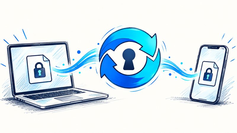 A laptop and a phone sharing the same locked file through the KeeSync logo