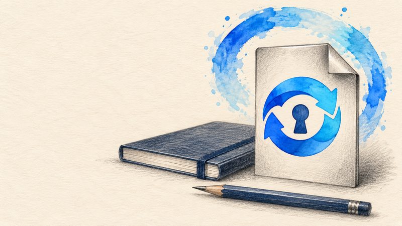 Notebook with a pencil and a document with the KeeSync logo