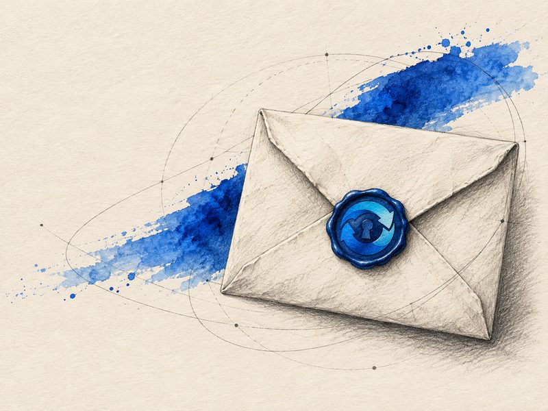 A sealed envelope with a blue wax seal bearing the KeeSync logo